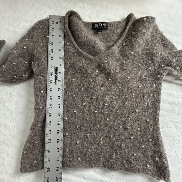 She by Sheri Bodell Wool Blend Pearl Embellished V-neck Sweater 10, Large Brown - Picture 7 of 8